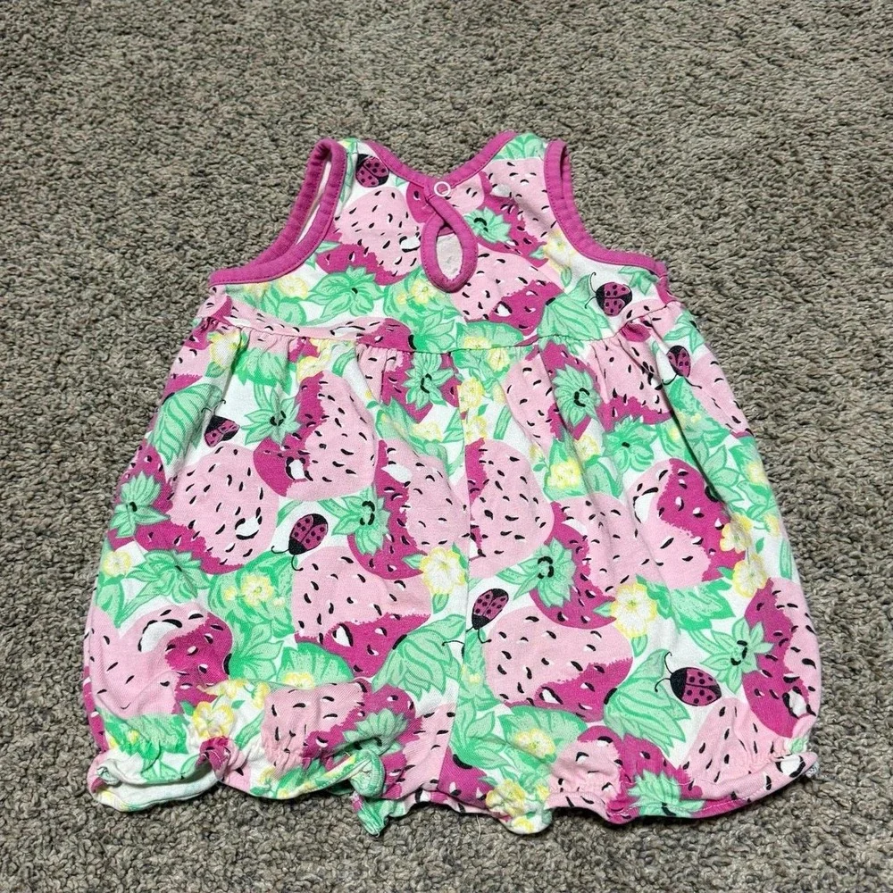 Vintage Baby Girls 6-9M Strawberry Ladybug Bubble Romper Pink